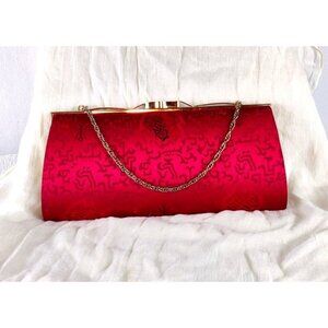 Red Evening Clutch Oriental Print Satin Like Material With/Without Chain Party